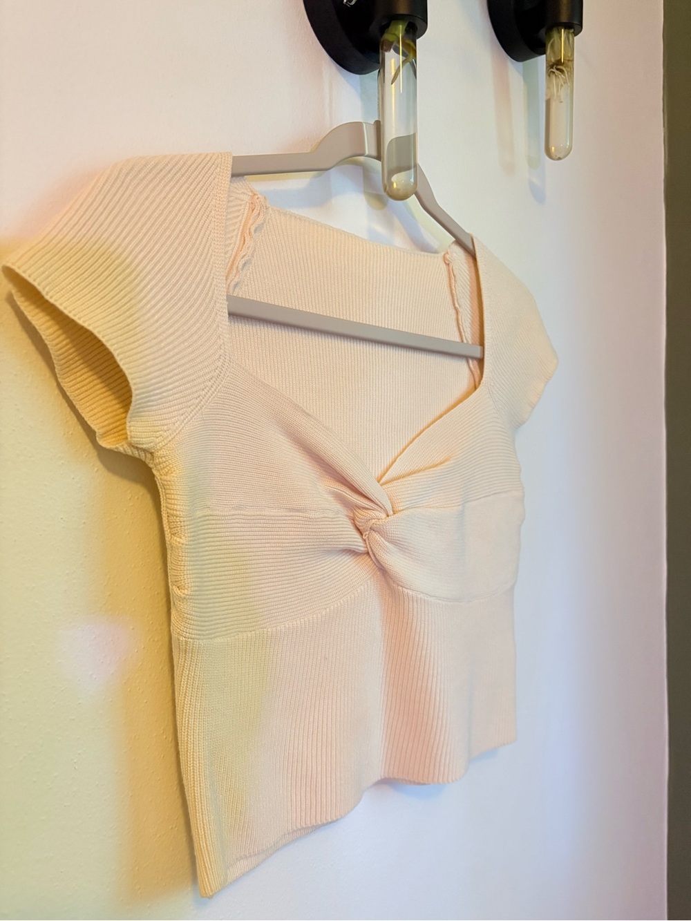 Knot Front Ribbed Short Sleeve Top - Cream